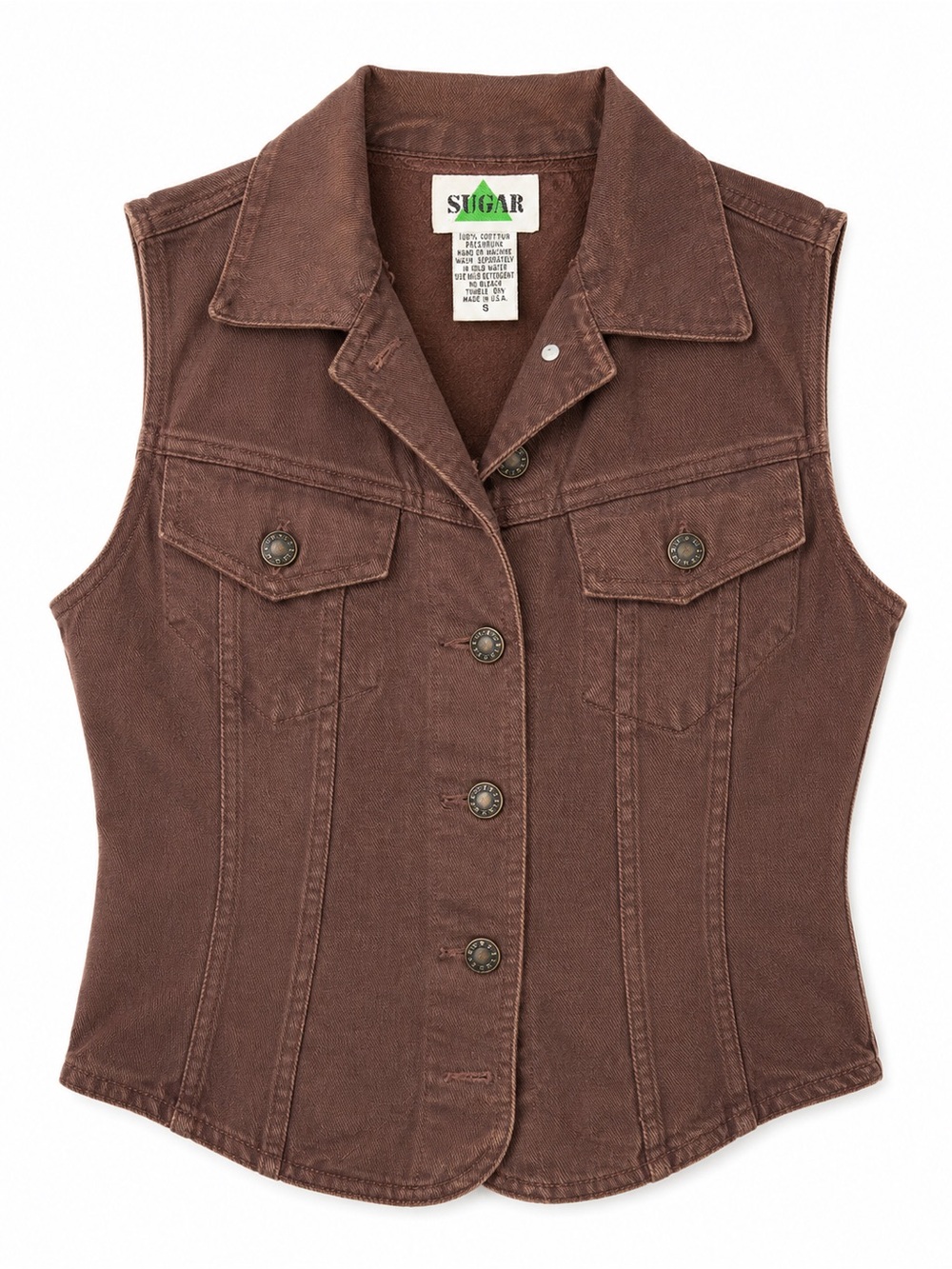 Vtg Sugar Brown Denim Vest 90s Y2K Grunge Moto‎ Utility Gorpcore Boho- Small